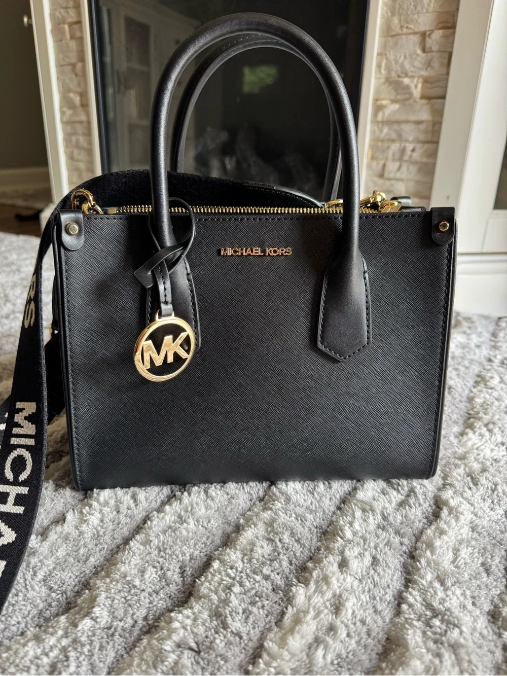 Michael Kors Black Saffiano Satchel with Gold Accents